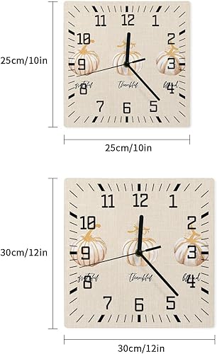 Miniatura 7 de Thanksgiving Wooden Wall Clock Silent Non Ticking, Fall White Pumpkins Yellow Line Grey Square Wall Clock Battery Operated, Decor Clock for Home