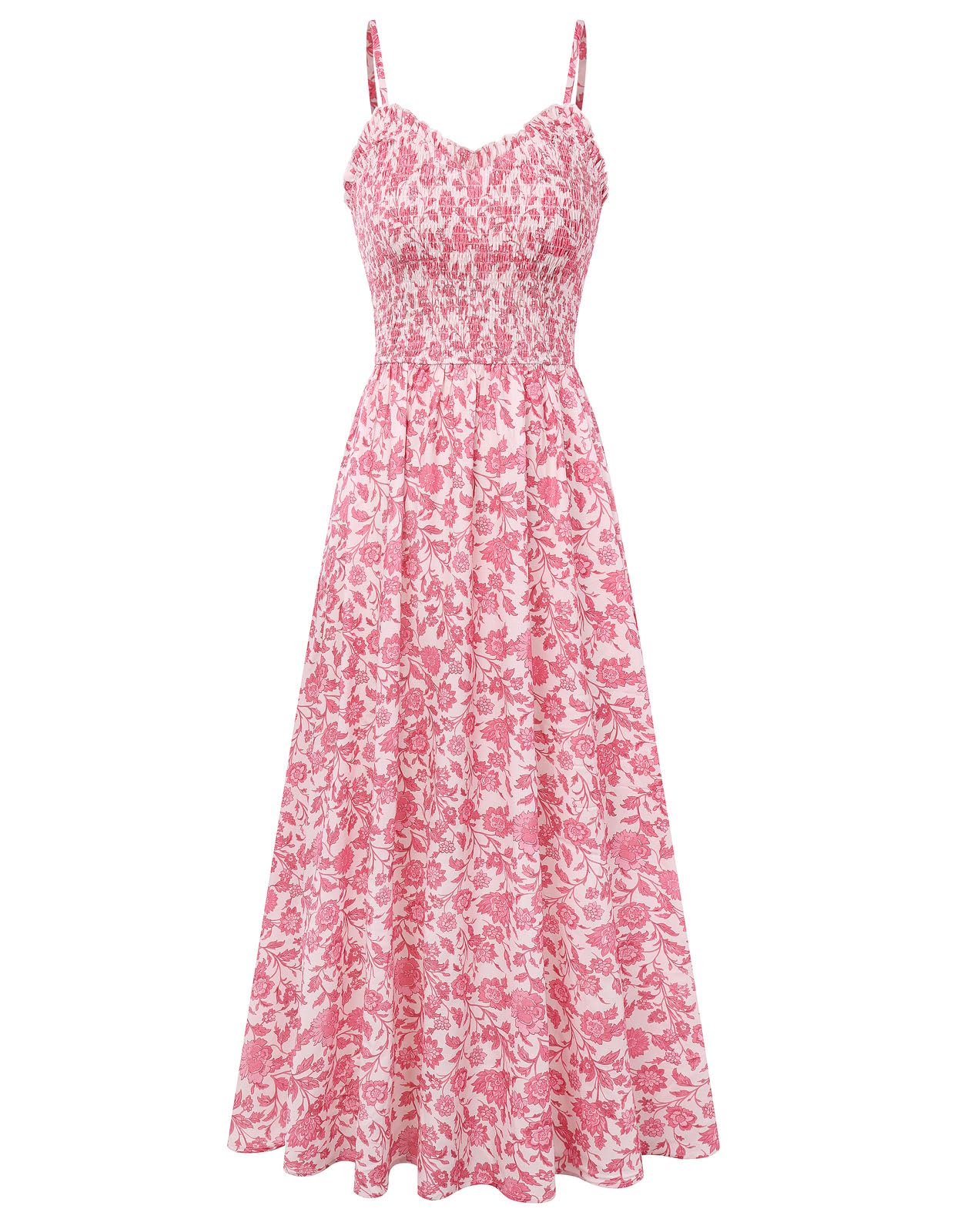Kate Kasin Women's Pink Floral Floral Sundress Summer Maxi Casual Beach Dress V-Neck Spaghetti Straps Smocked Dress Xxl