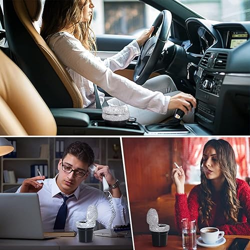Miniatura 6 de Cenicero de coche de cristal para cigarrillos sin humo con indicador de luz LED azul, encendedor eléctrico recargable con purpurina USB, paquete de