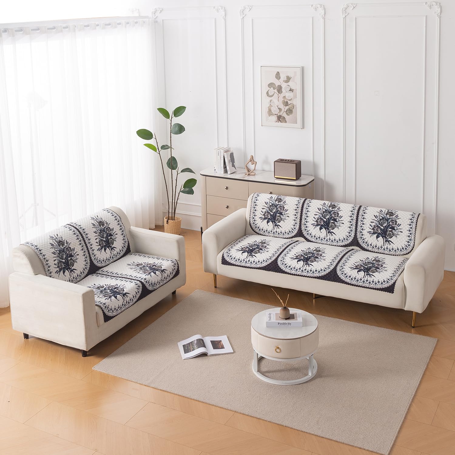 HOKIPO 'LoomVerse' Quilted Sofa Cover 3 Seater and 2 Seater Set – Washable 5 Seater Sofa Cover (3+2) for Seat & Back | Midnight Bloom (IN-834-D4*2 + IN-833-D4*2)-image-46