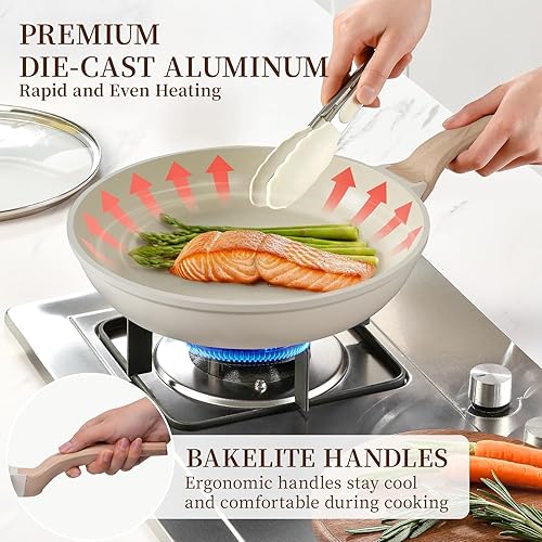 Miniatura 5 de Kikcoin Juego de 16 ollas y sartenes antiadherentes de cerámica, juego de cocina de inducción, no tóxico, saludable, antiadherente con sartén para