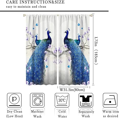 Miniatura 231 de Cortina opaca con estampado de pavo real, con estampado de animales retro, con bolsillo para cortinero y flores de peonía doradas, para dormitorio,