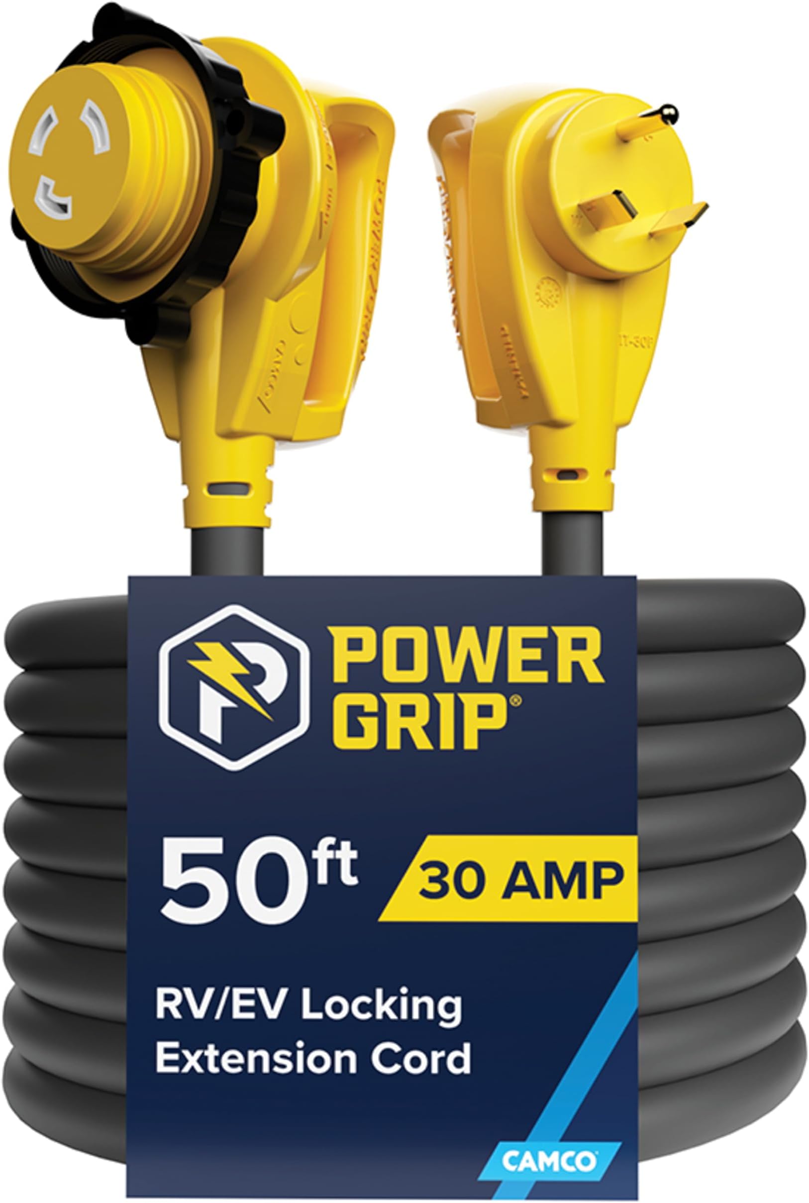 Power Grip 50-Ft 30 Amp RV Extension Cord w/ 90ยฐ Heads Locking End | Features NEMA TT-30P Male & L5-30R Locking Female Connectors - Rated for 125V/3,750W - 100% Copper 10-Gauge Wire (55525)