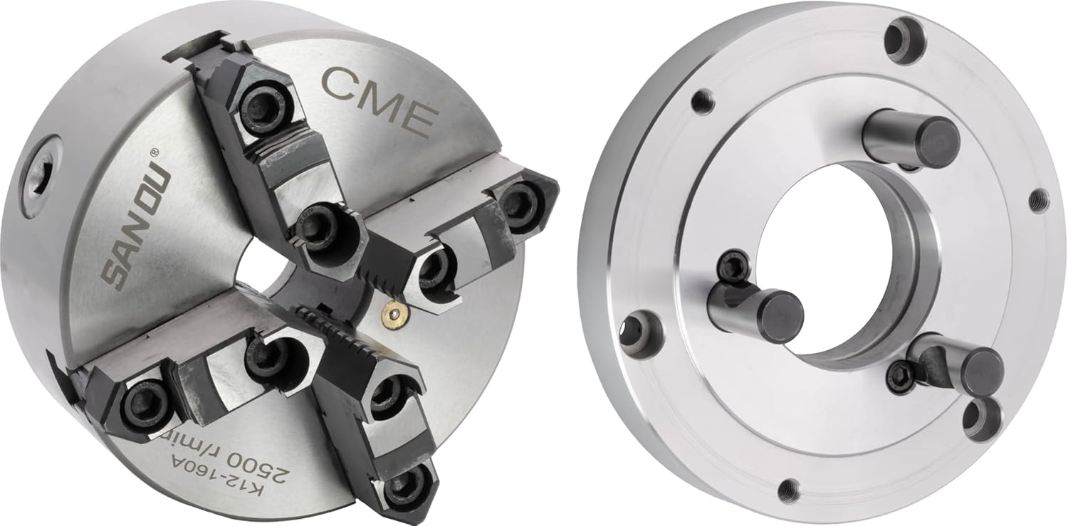 CME 6" 4-Jaw Self-Centering (Scroll) Lathe Chuck with D1-4 Camlock Backing Plate, Two-Piece Reversible Jaws