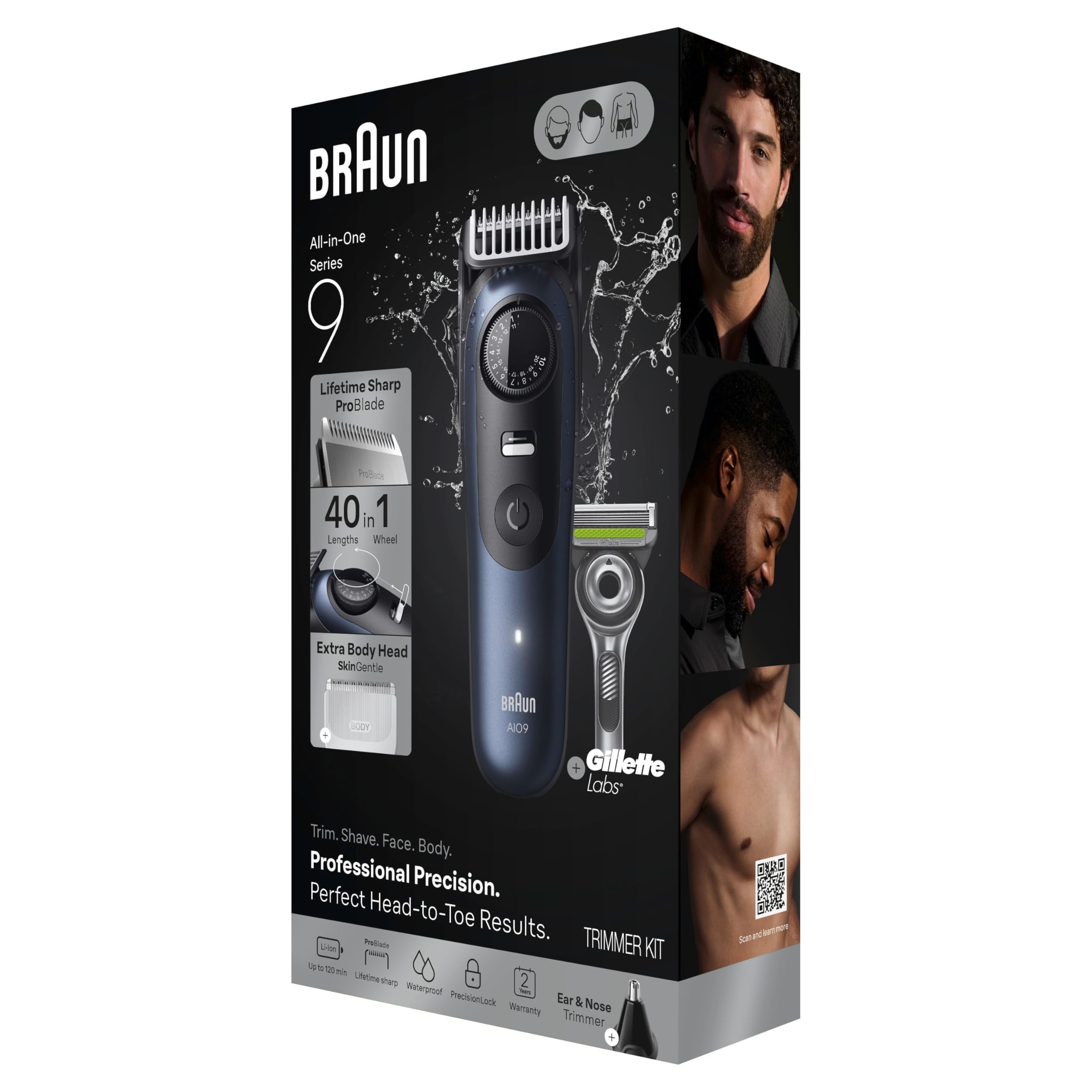 Braun Kit de rasage tout-en-un pour homme série 9 AIO 9530, barbe, visage, nez, oreille, tondeuse à cheveux, tondeuse corporelle et manscaping