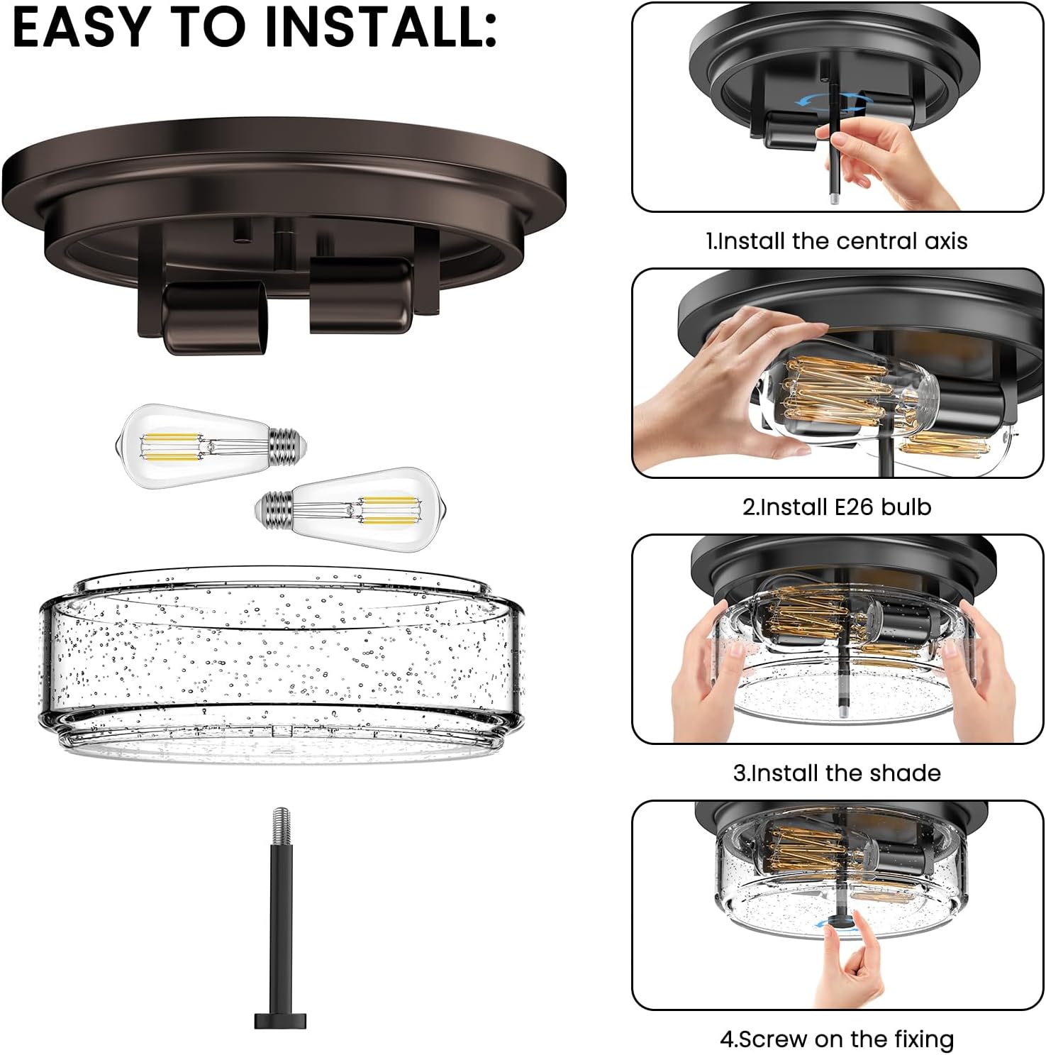 Black Flush Mount Ceiling Light Fixtures, 2-Light Ceiling Mount for Farmhouse with Seeded Glass Lampshade, Industrial Flush Mount Light Fixture Farmhouse for Hallway, Kitchen, Entryway and Foyer