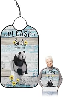 Funny Panda Sitting on Toilet Adult Bibs for Elder Women Men Eating, Sunflower Blue Wood Waterproof & Washable Bibs for Eating Clothing Protector Dining Bibs for Crumb Catcher