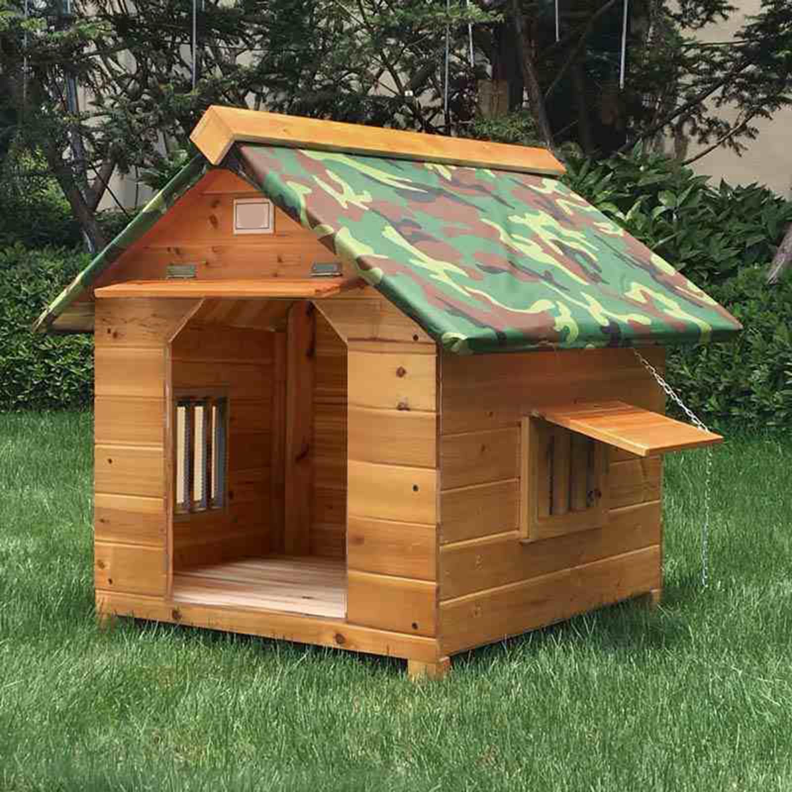 Caseta exterior de madera aislada para perros pequeños, medianos y grandes, resistente a la intemperie, fácil de montar, fácil de limpiar con ventanas y puertas (marrón, 99 x 92 x 95 cm)