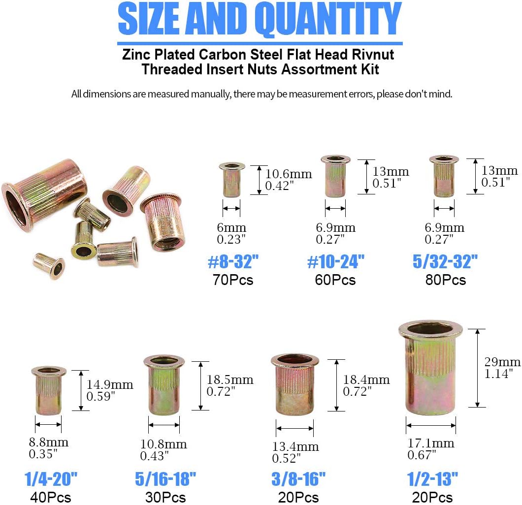 Glarks 320Pcs 5/32"-32UNC 8-32UNC 10-24UNC 1/4"-20UNC 1/4"-20UNC 5/16"-18UNC 3/8"-16UNC 1/2"-13UNC Rivet Nut +180Pcs #8-32#10-24 1/4"-20 5/16"-18 3/8"-16 UNC Rivet Nuts
