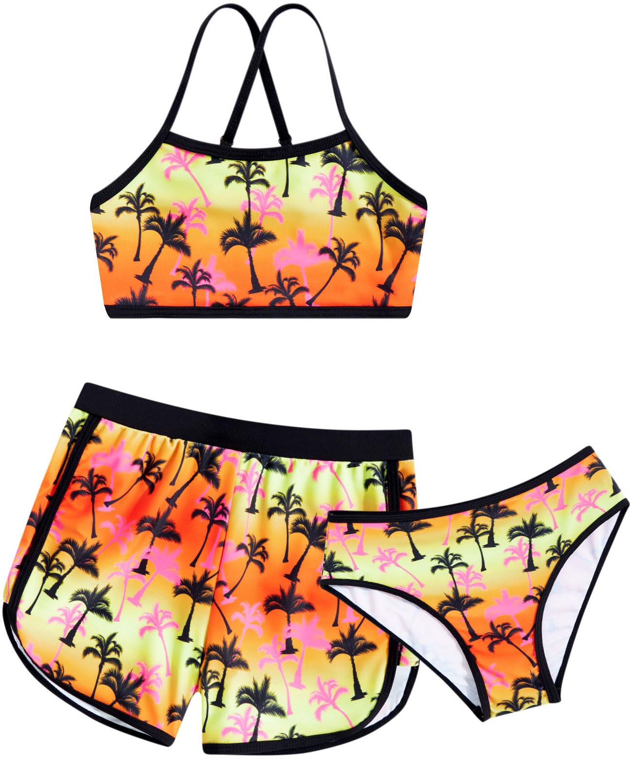 Funnycokid Girls Bathing Suits Size 12-14 Swimsuits 3 Piece Bikini Set with Shorts Hawaii Size 13 Size 14 Kids Sport Swimwear 13-14 Years