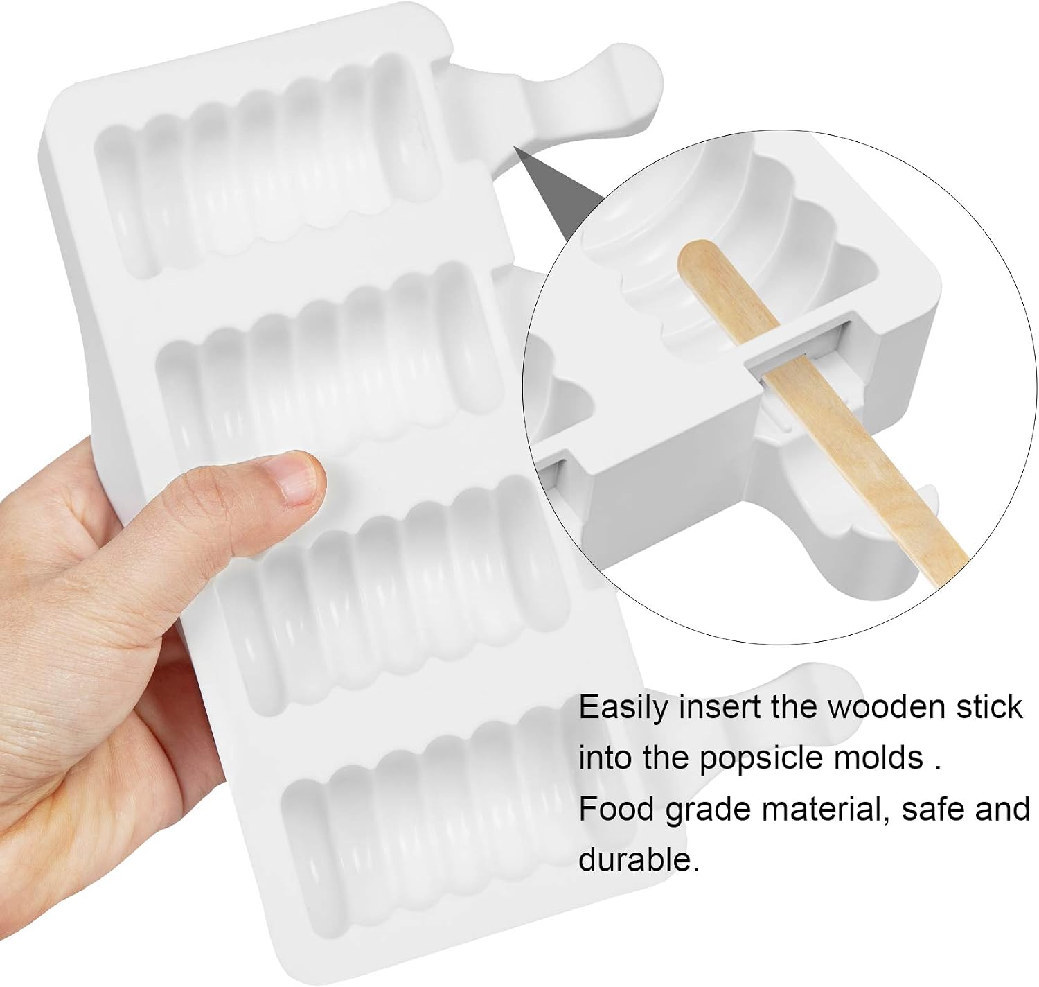 Ozera 2 Pcs Silicone Popsicle Molds, 4 Cavities Popsicles Molds for Kids Reusable Easy Release Ice Pop Molds with 50 Wooden Sticks & 50 Popsicle Bags & 50 Sealing Lines (Beige)