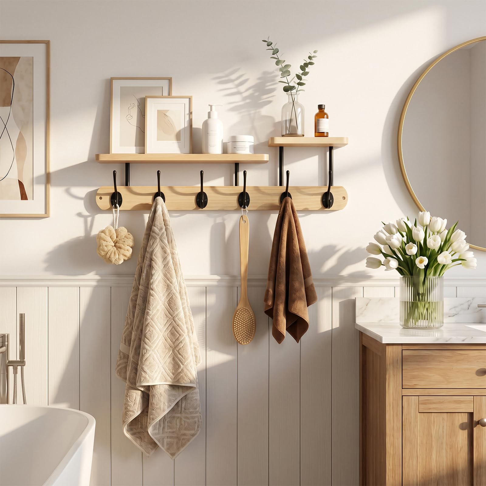 Percheros Pared con Estante 59cm - Perchero de Pared Madera Natural con 6 Ganchos Dobles y 2 Niveles de Balda, Percha Pared para Entrada, Pasillo, Hall y Sala de Estar