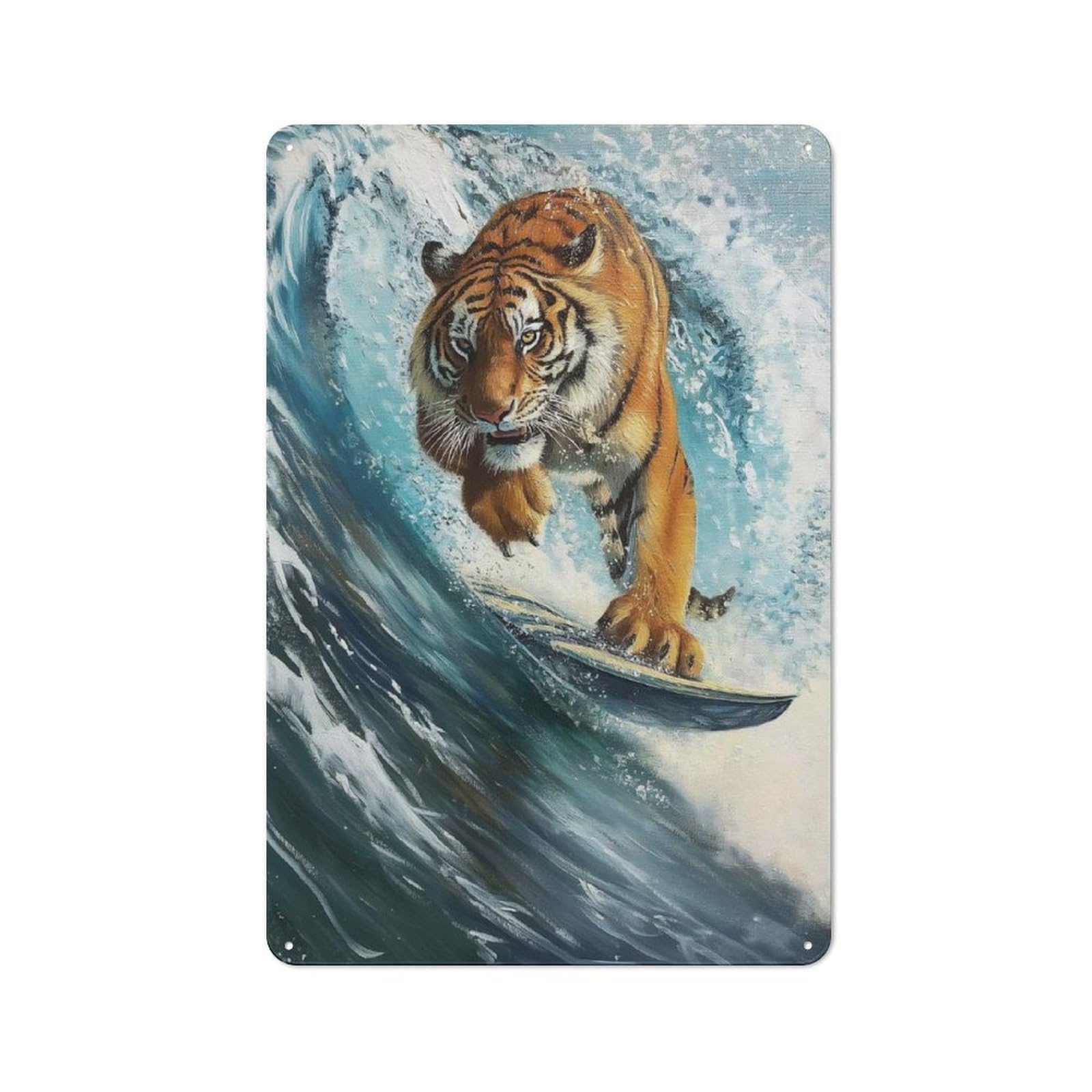 Junmoney Style-19 Loft Style Metal Wall Sign 30X20cm Featuring Surfing Tiger Surfer Wave, Studio Wall Art For Loft, Studio, Office Or Creative Room