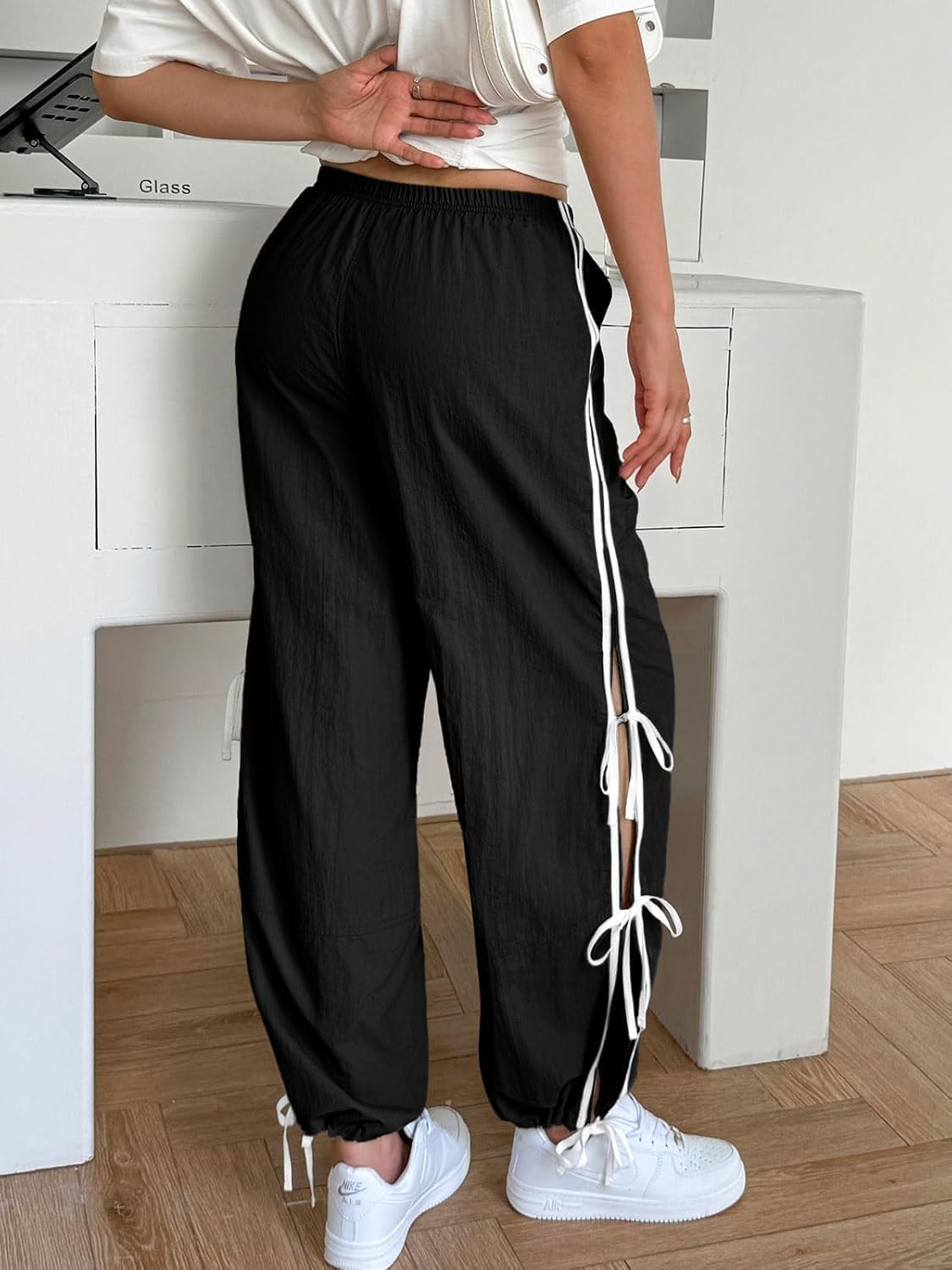 Fisoew Women’s Wide Leg Track Pants Casual Elastic Waist Bow Tie Y2K Baggy Sweatpants with Pockets