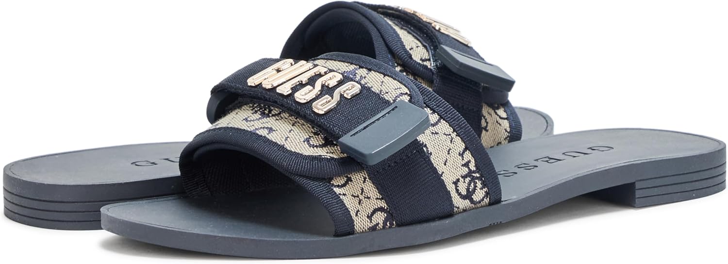 Guess Women's Elyze Flat Sandal 8.5 Dark Blue Logo 401 image 3 of 4 B0DP3FP1ZD