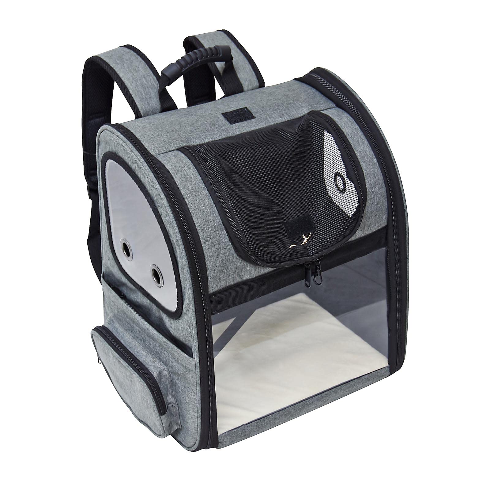 Fudajo Ausziehbarer Haustier Rucksack 27x35,5x41,5 cm bis 6kg, Hunderucksack, Katzenrucksack mit Netz und Fenstern, Schwarz und Grau