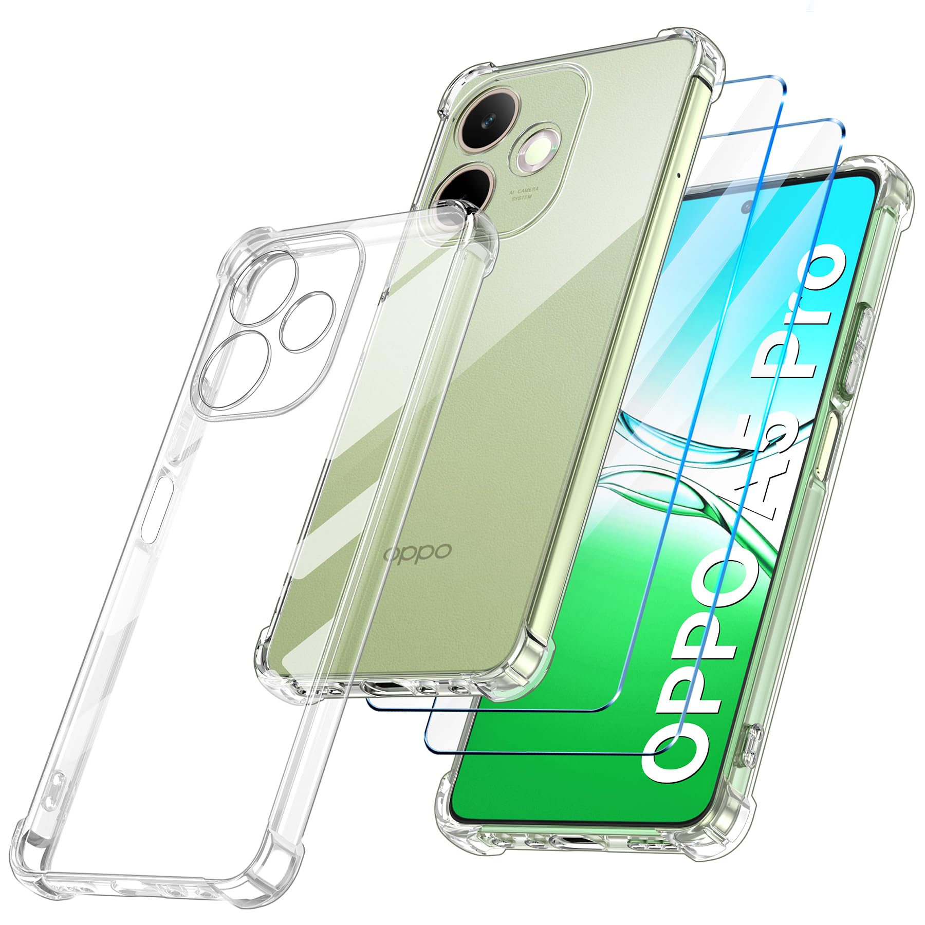 FLLAO Cover Compatibile con OPPO A5 Pro 4G / 5G con 2 Vetro Temperato [Protezione Fotocamera] Anti Ingiallimento Antiurto Silicona TPU Morbido Custodia - Trasparente