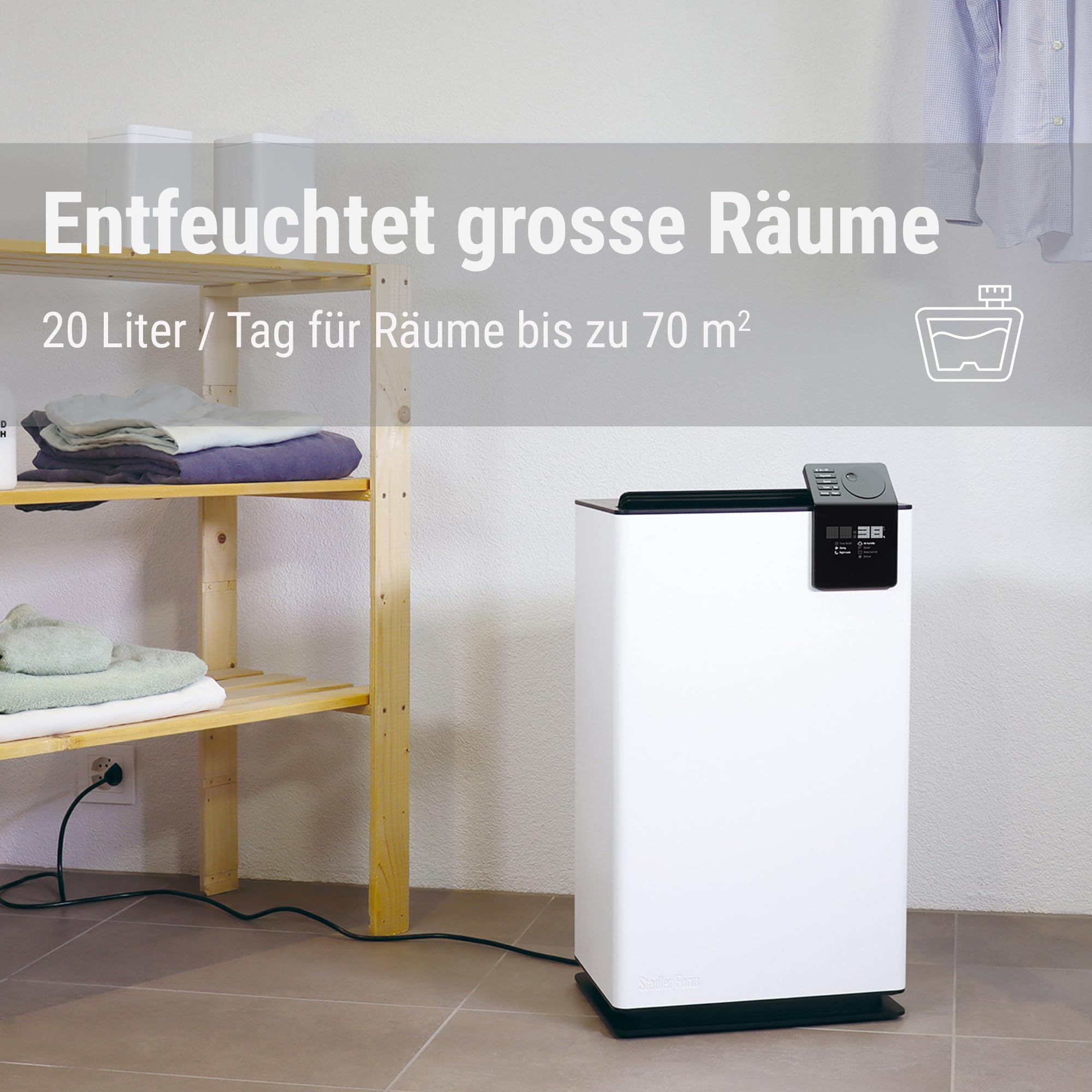 Stadler Form Luftentfeuchter Albert, bis 20 L / 24 h, für Räume bis 70 m² | Elektrisch, 5 L Wassertank, Schwenkfunktion, Zeitschaltuhr, Hygrostat, für Keller, gegen Feuchtigkeit und Schimmel, weiß