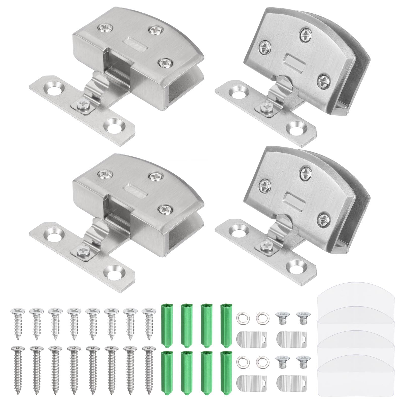 sourcing map 4Pcs Glass Door Hinges, Zinc Alloy No-Drill Glass Shower Door Hinges 90 Degree Cabinet Doors Hinge for 6-10mm Thickness Frameless Doors for Kitchen Bathroom, Brushed Silver