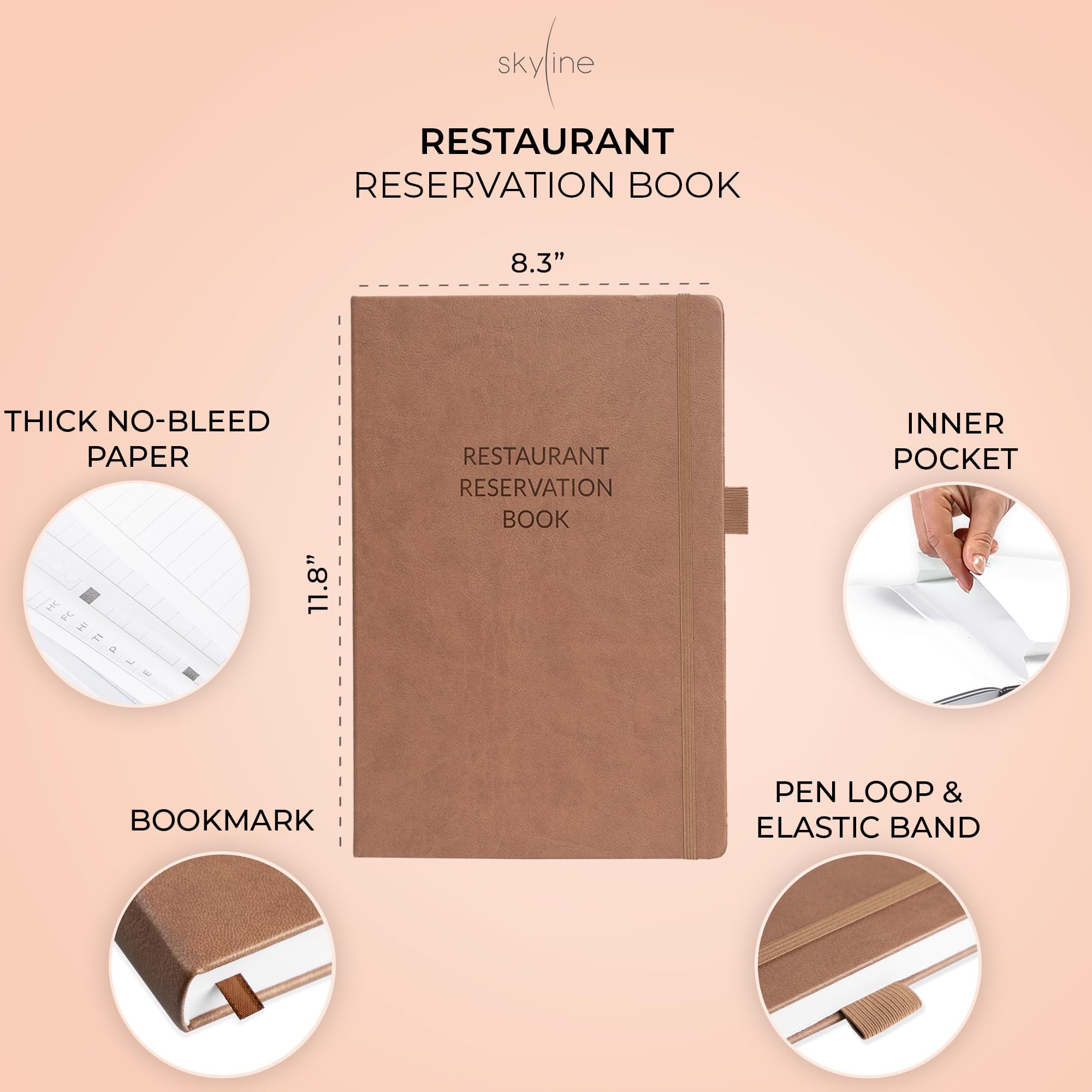 Skyline Prenotazione ristorante – Prenotazioni tavolo da pranzo non datato – Libro ospiti & Server Book 2024 – Forniture per ristoranti (terracotta scura)