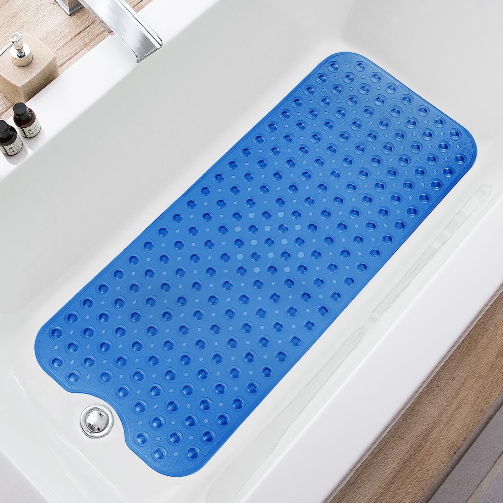 Bathtub Mats for Shower Tub, Extra Long Non-Slip 39 x 16 Inch Bath Mat with Drain Holes and Suction Cups, BathMat for Bathroom with Machine Washable (Clear Blue)