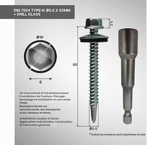 DOJA INDUSTRIAL | 100 Vis Autoperceuse à Tête Hexagonale avec Douille Magnétique M8 | 5,5x50 mm | Acier Zingué | pour Tole Acier, Bride de Fixation, Matériel de Construction - 4