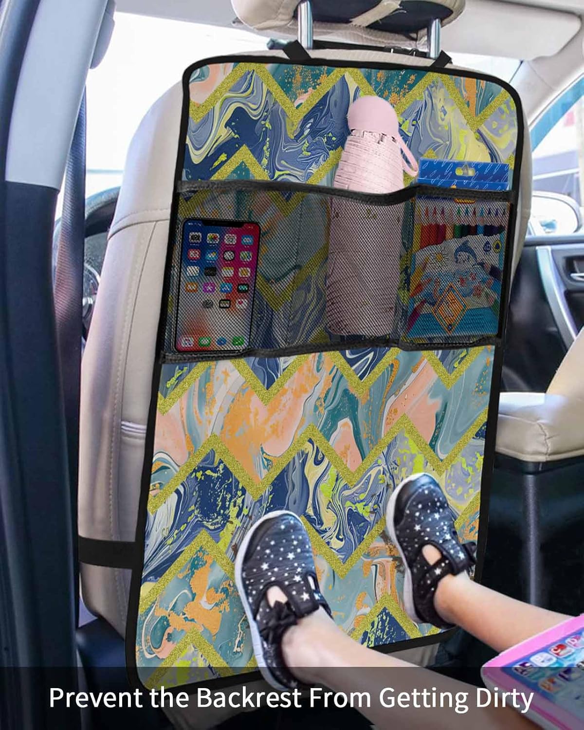 Car Seat Protector, 2 Pack Kick Mats with Organizer - 3 Pocket Storage, Navy Blue Marble Abstract Geometric Contemporary Art Back Seat Cover for Kids Universal Fit Automotive Interior Protectors