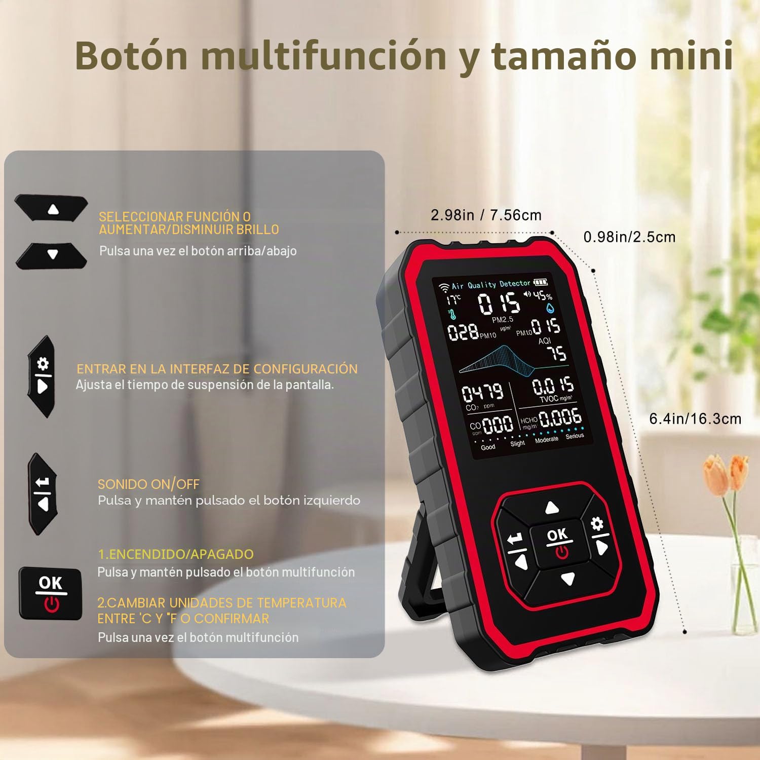 Detector de Calidad de Aire 10 en 1 para Interiores, Monitor Multifunción con Detección de PM2.5/PM10/CO2/HCHO/TVOC/AQI, Sensor de Temperatura y Humedad, Ideal para Hogar, Oficina, Viajes y Grow Tent