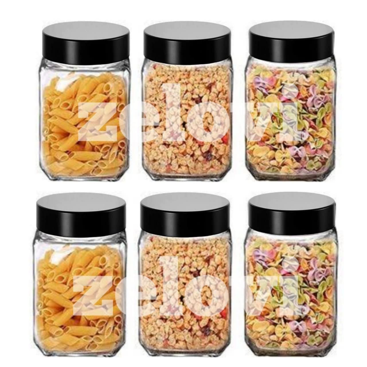 ZELOVI Cubical Square 300ml 300 gram capacity Cube Storage Glass Jar, 300 ml Each, Transparent Glass Jar with Black Color Plastic Airtight Lid (Set Of 6) Airtight Jar square jar