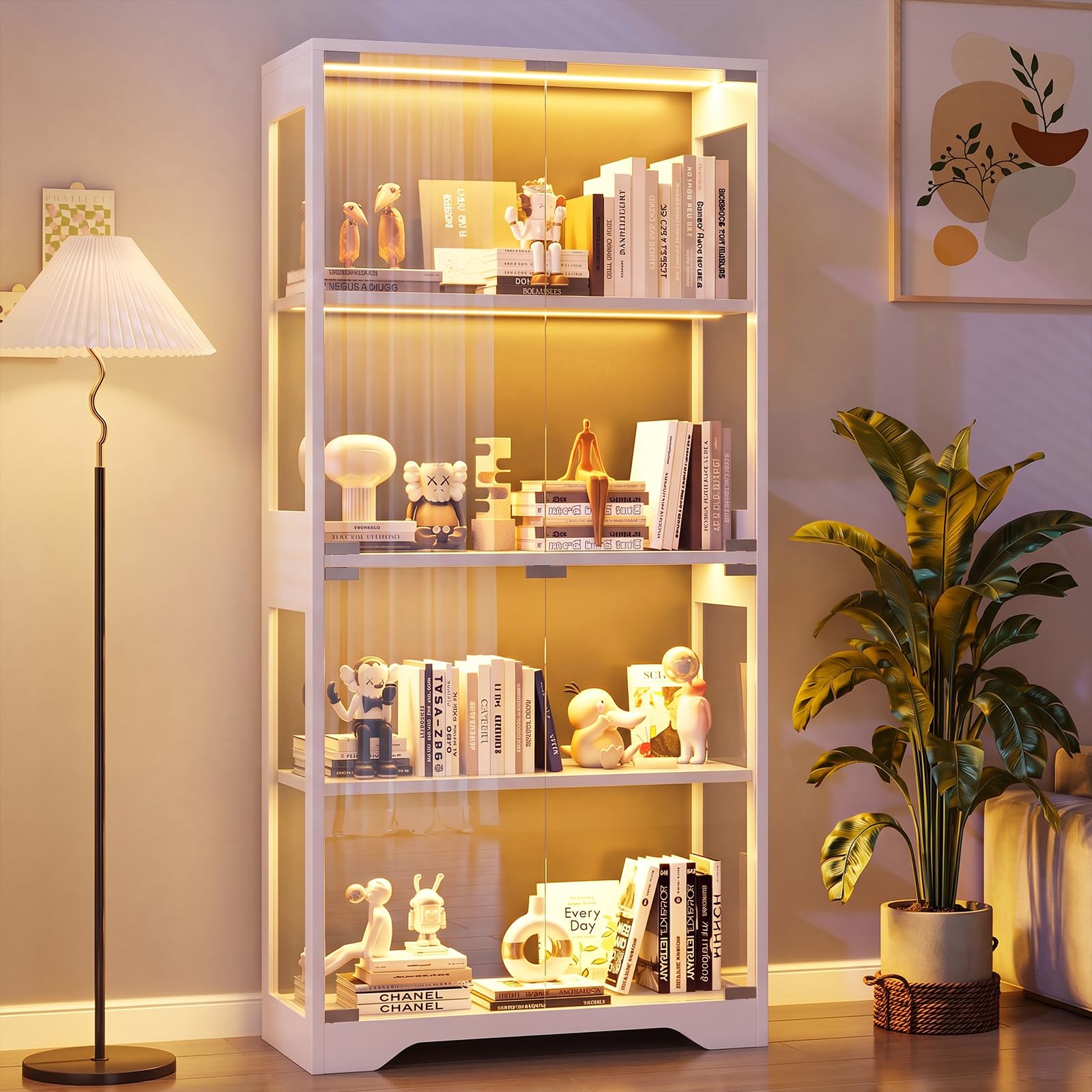JUMMICO Glasvitrine mit RGB Beleuchtung LED, 80 x 35 x 165,5(H) cm (Weiß)