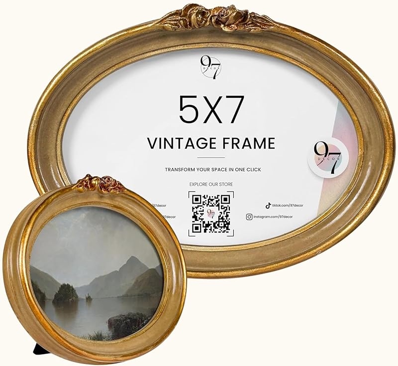97 Decor Gold Oval Picture Frame 5x7, Vintage Ornate Victorian Frame | Resin ornate oval frame, golden rose detail, tabletop or wall hanging, 1 frame, fits 5x7 photos, oval wall art