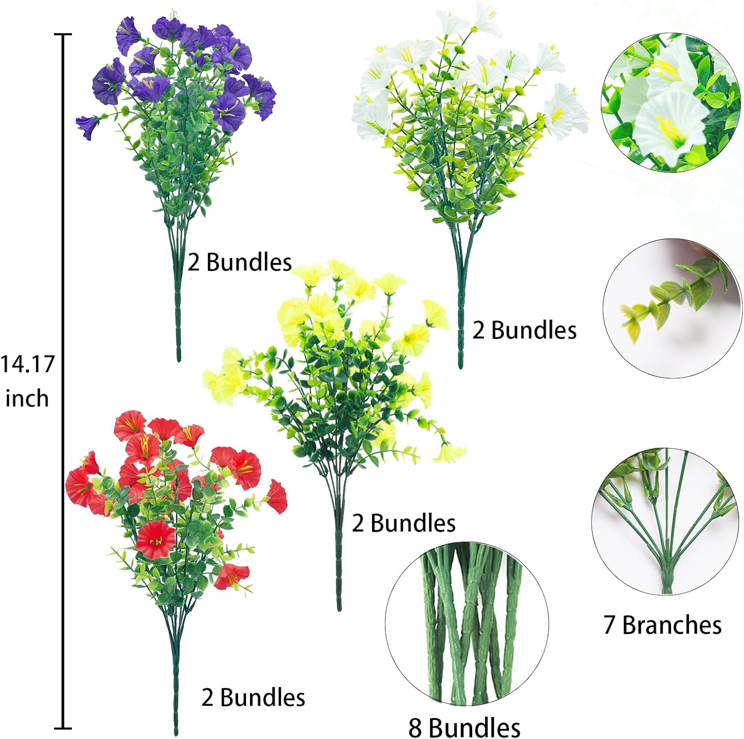 Outdoor Fake Artificial Flowers,8 Bundles UV Resistant Plastic Flowers for Outside,Faux Flower for Outdoors Home Décor(Mix Colors) - Image 2