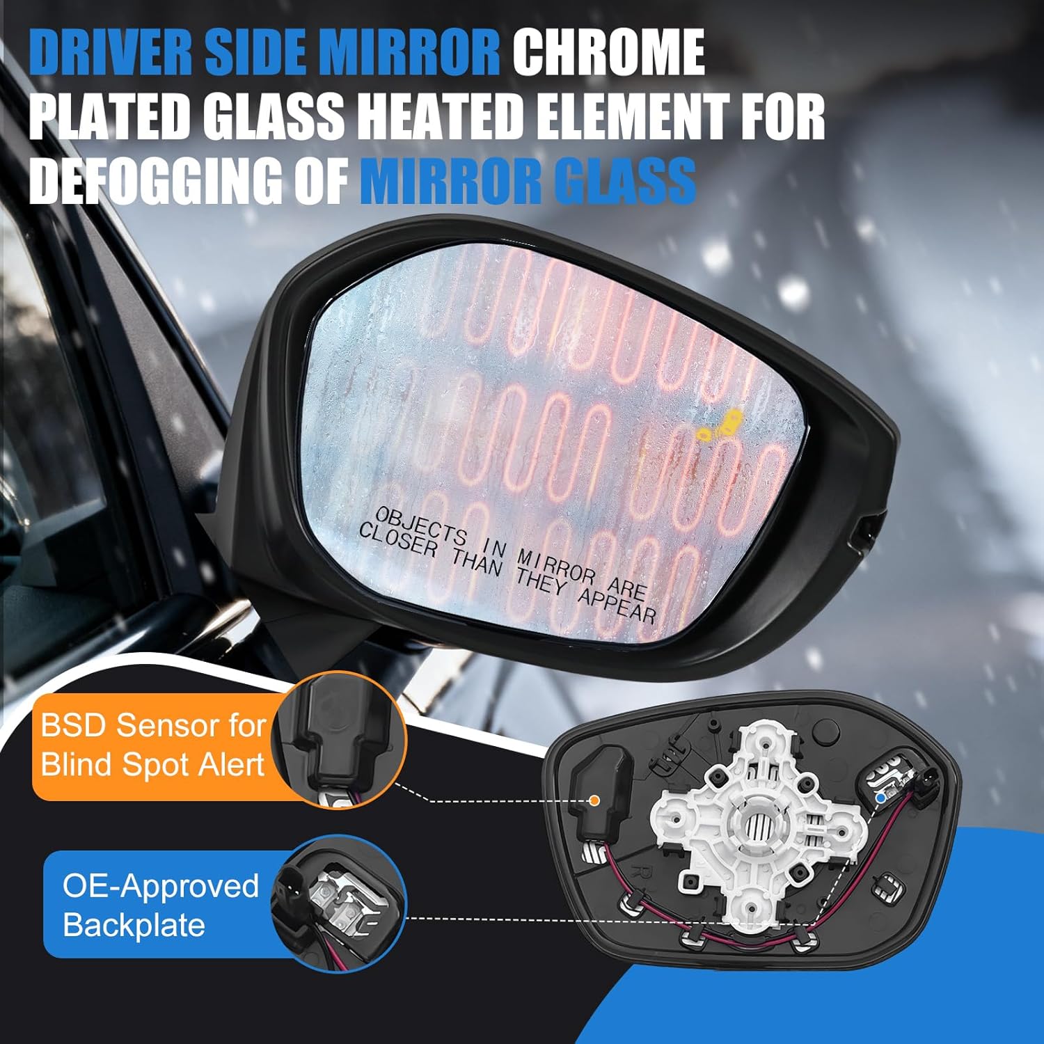 Passenger Side Mirror Glass Compatible with 2022-2025 Honda Civic, Heated w/Blind Spot Detection, with Backing Plate, Replacement for 76203-T20-A21 Power Door Mirror