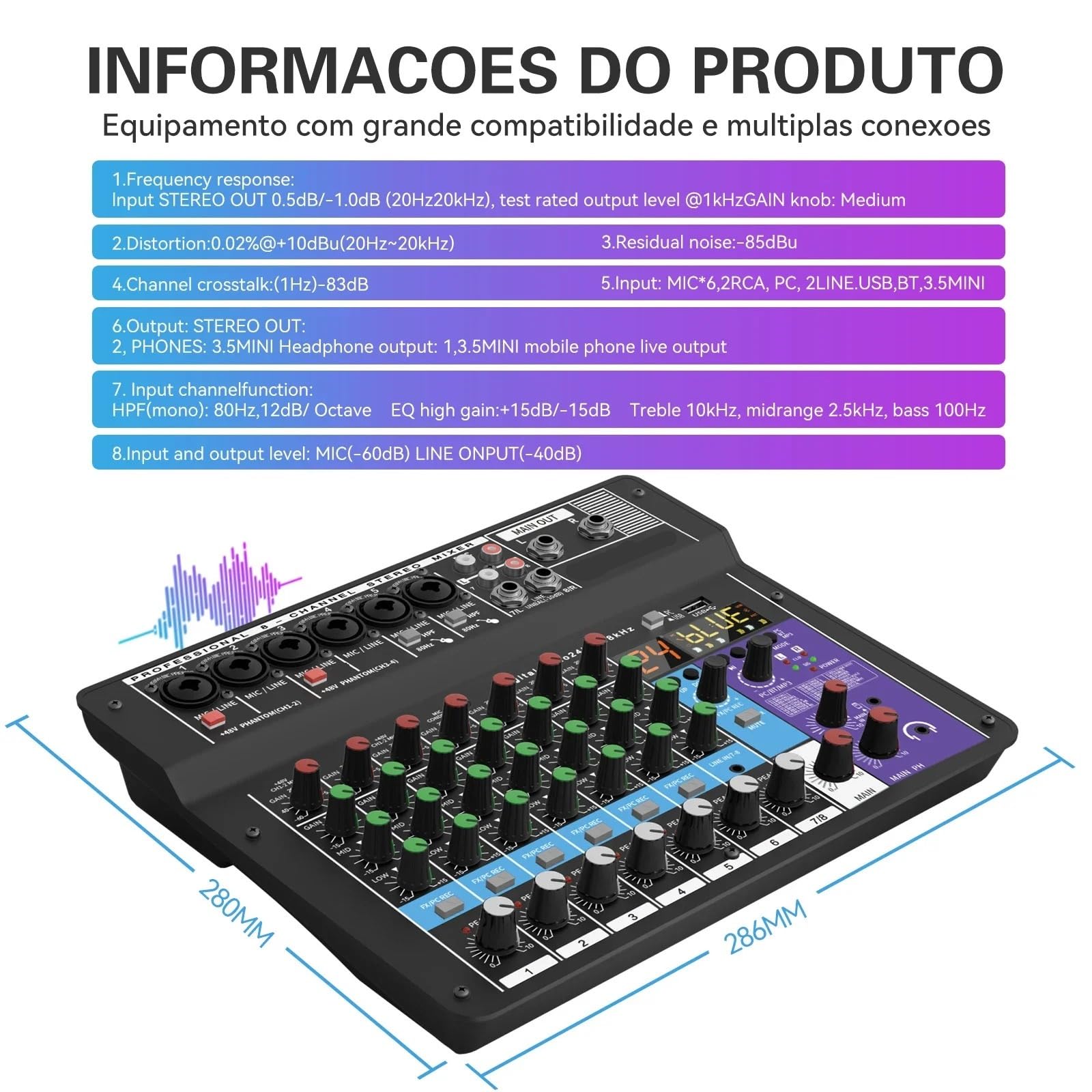 Mixer audio, Mixer Audio Professionale Portatile A 8 Canali, 2 Pezzi, Console Di Missaggio, MP3 Digitale, Ingresso Computer,PC, studio di registrazione e giochi