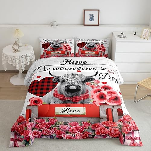 Miniatura 10 de Feelyou Juego de edredón para el día de San Valentín, tamaño matrimonial con 2 fundas de almohada, juego de edredón con temática de amor, juego de