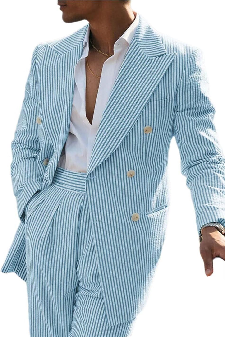 Men's Striped Seersucker Suits 2 Piece Slim Fit Wedding Tuxedo Summer Beach Leisure Suits Sets