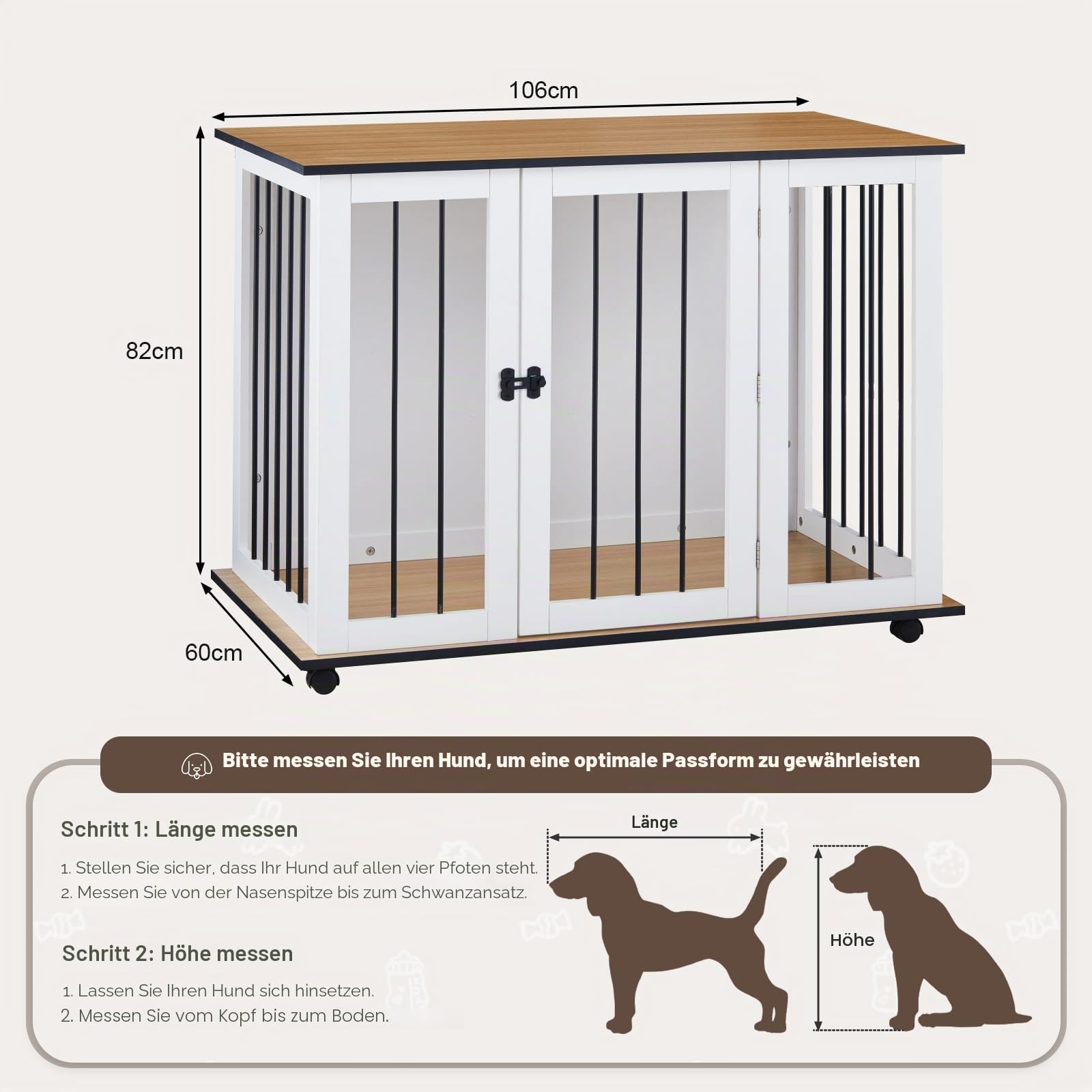 TUKAILAI Hundekäfig Möbel, 106 cm Hundebox Holz mit Raden, Abschließbar Tür, Metall, Moderne Hundehütte Indoor für kleine/mittlere/große Hunde, Hundekäfig für Zuhause 106x60x82 cm, Weiß
