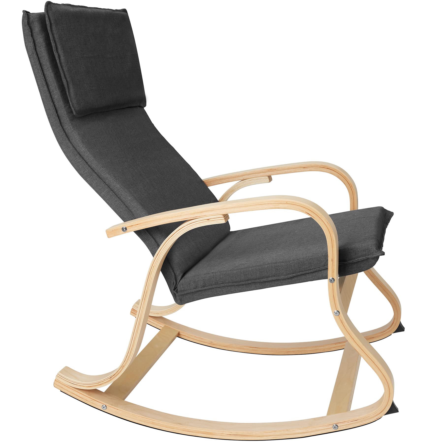 tectake® Poltrona a Dondolo in Legno di Betulla per Arredamento Casa e Veranda, Sedia a Dondolo con Braccioli e Cuscino, Poltrona Dondolo Design Scandinavo, Capacità Fino a 150 kg -Grigio Scuro