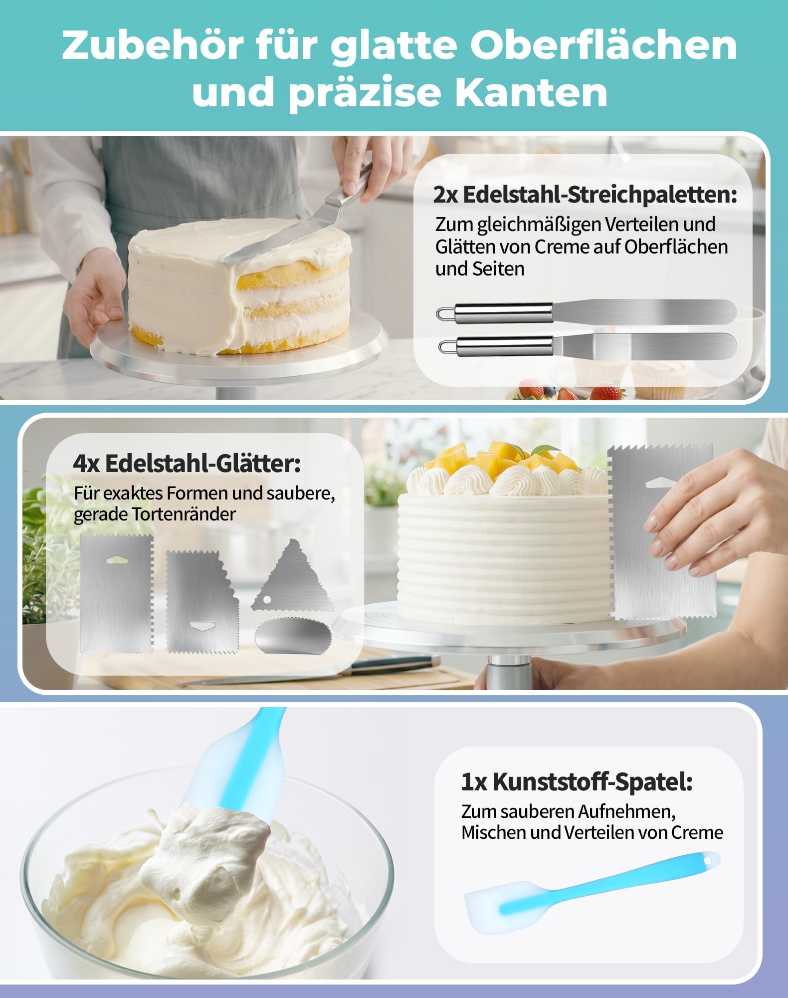 Piatto girevole per torte da 30 cm in alluminio, piatto girevole per torte con rotazione silenziosa a 360°, base antiscivolo, set di accessori per torte con spatola e spatola lisciante