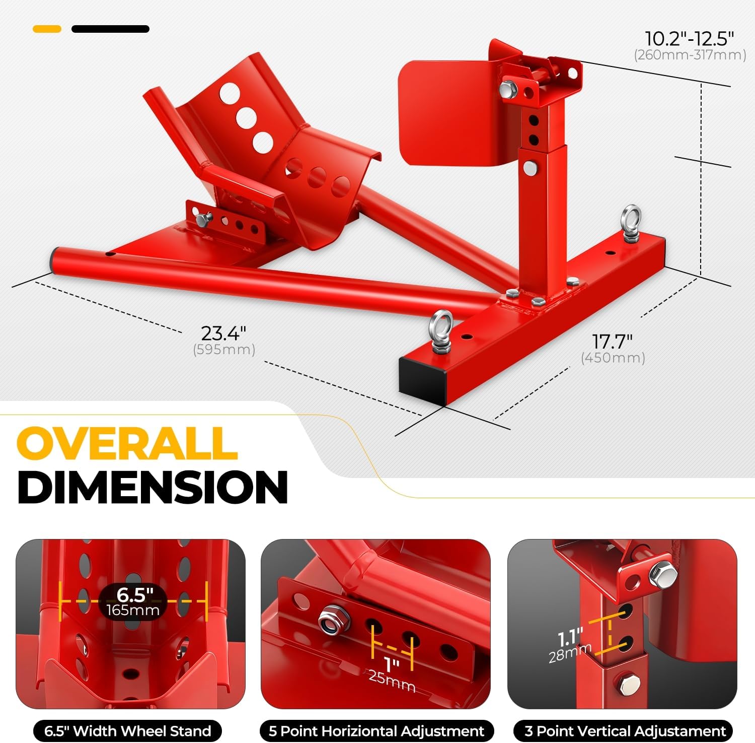 Auto Dynasty Adjustable Motorcycle Wheel Chock Stand for 15" to 21" Tires, Heavy Duty 4000 LBS Capacity Motorcycle Stand Front Wheel with Car Mount Hook and Bolt-On Option for Trailer or Garage, Red