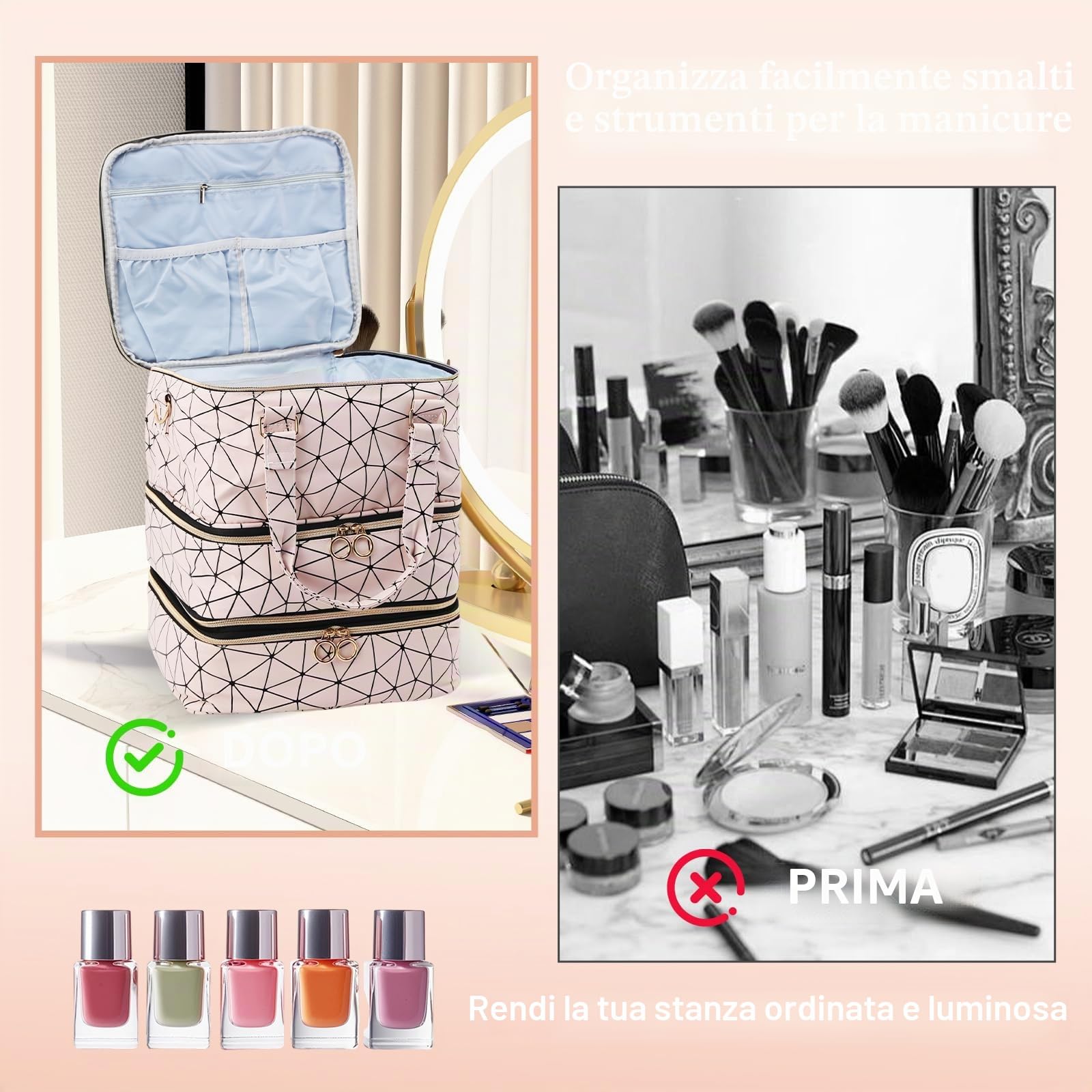Borsa organizer per smalto unghia, grande capacità, tre strati, custodia da viaggio con tracolla, rosa, per 84 bottiglie di smalto unghia