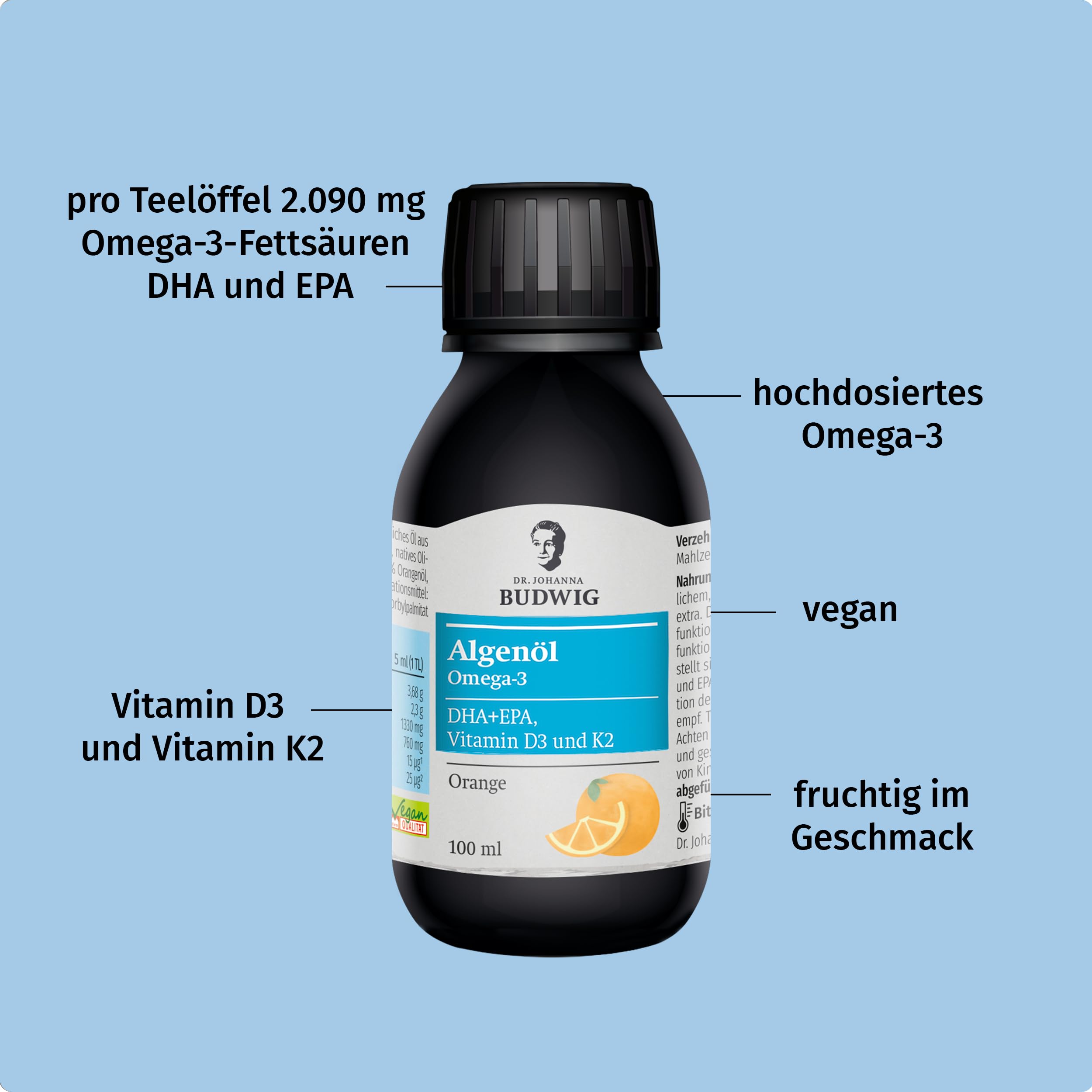 Dr. Budwig Premium Omega 3 Algenöl Vegan Orange (100ml) | Hochdosiert - 2300mg natürliches DHA, DPA & EPA - Vitamin D3 und K2 - flüssig - laborgeprüft - Alternative Fischöl