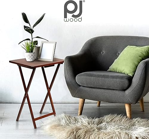 Miniatura 2 de PJ Wood Juego de 5 piezas, 4 mesas plegables de madera para TV con estante de almacenamiento, roble miel