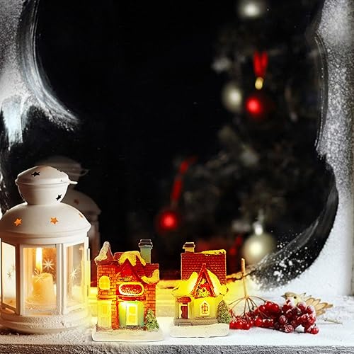 Miniatura 5 de ABOOFAN Juego de 6 piezas de aldea de Navidad iluminadas con LED, casas de pueblo de Navidad preiluminadas, diminuta resina coleccionable, edificio