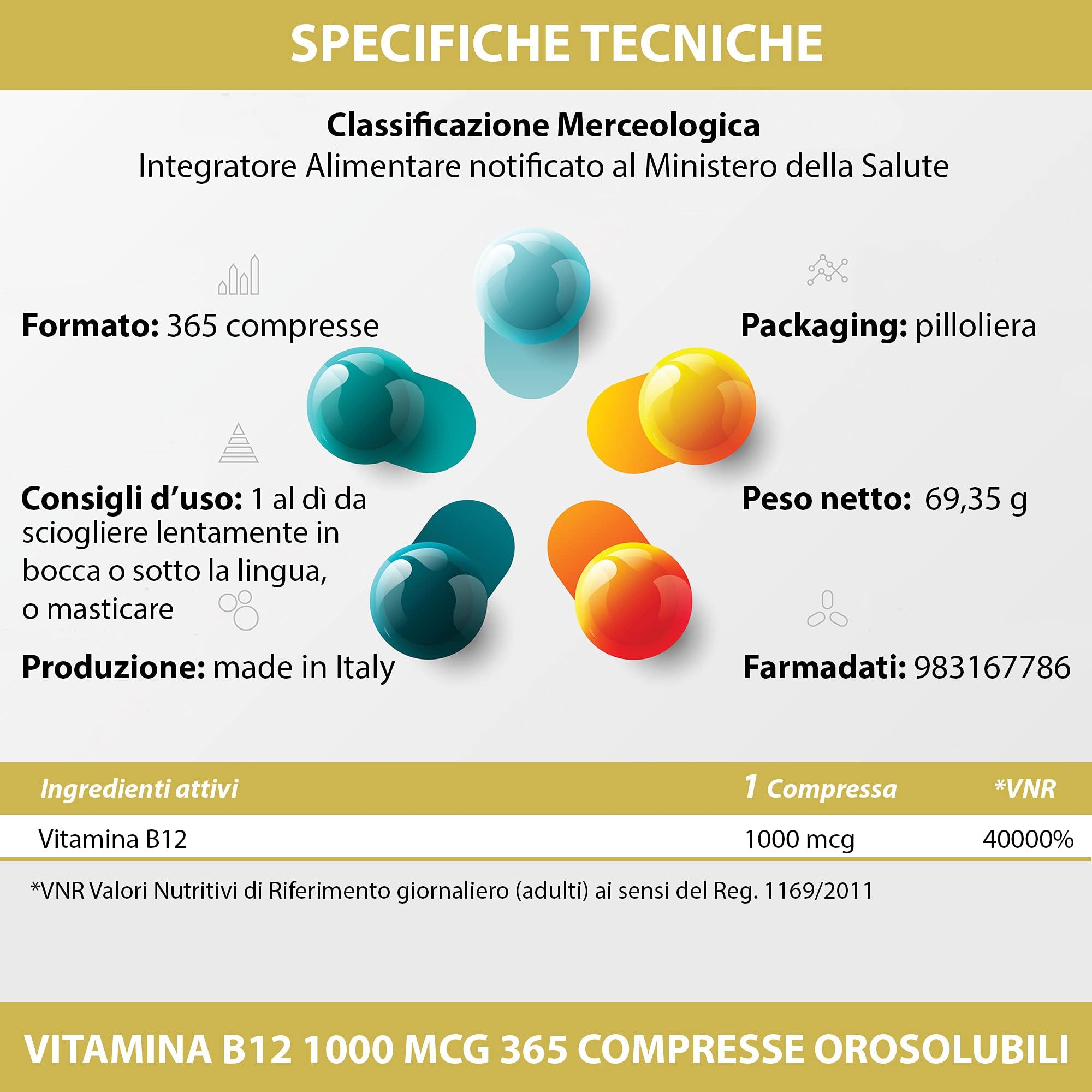 Vitamina B12 Masticabile 1000 mcg 3650 Compresse Orosolubili 1 al dì | Senza Glutine e Lattosio | non di origine animale | Cianocobalamina Metilcobalamina | Energia | Sistema Immunitario