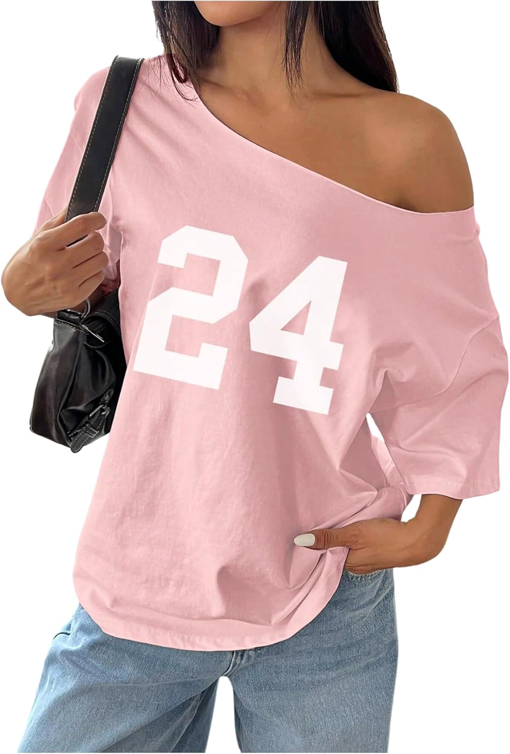 SOLY HUX Women's Off The Shoulder Tops Graphic Tees Jersey Shirts Number Print Baggy Oversized T Shirts