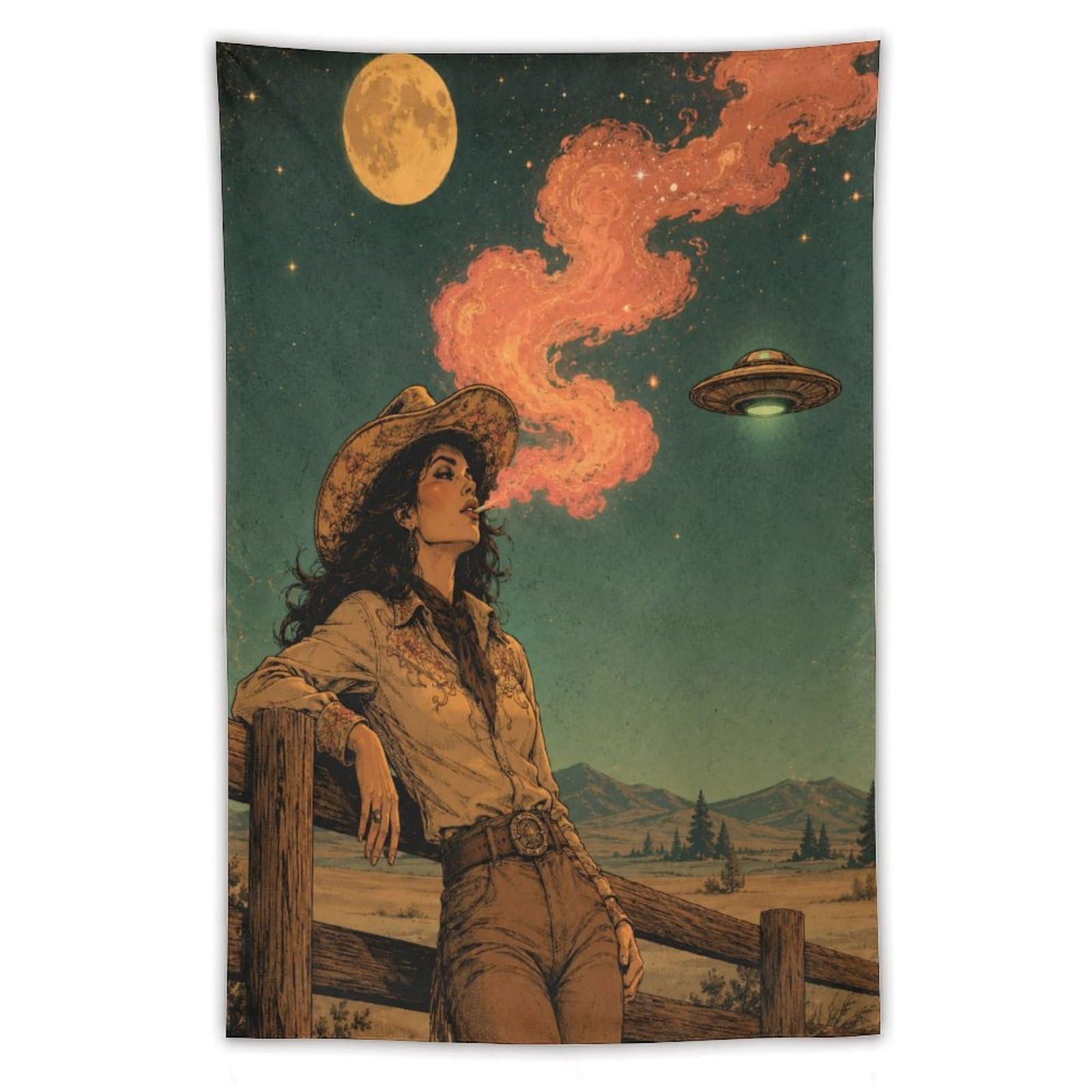 H3B8U2Y5 UFO Cowgirl Western Moon Wall Tapestry, Surrealist Style