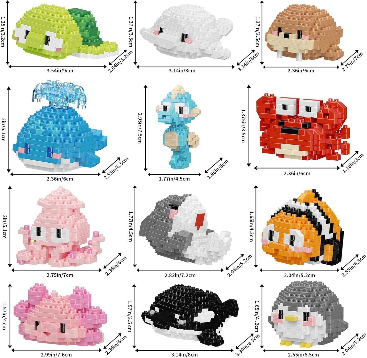 Diagram showing dimensions of various marine animal building block models including turtle, dolphin, crab, and seahorse.