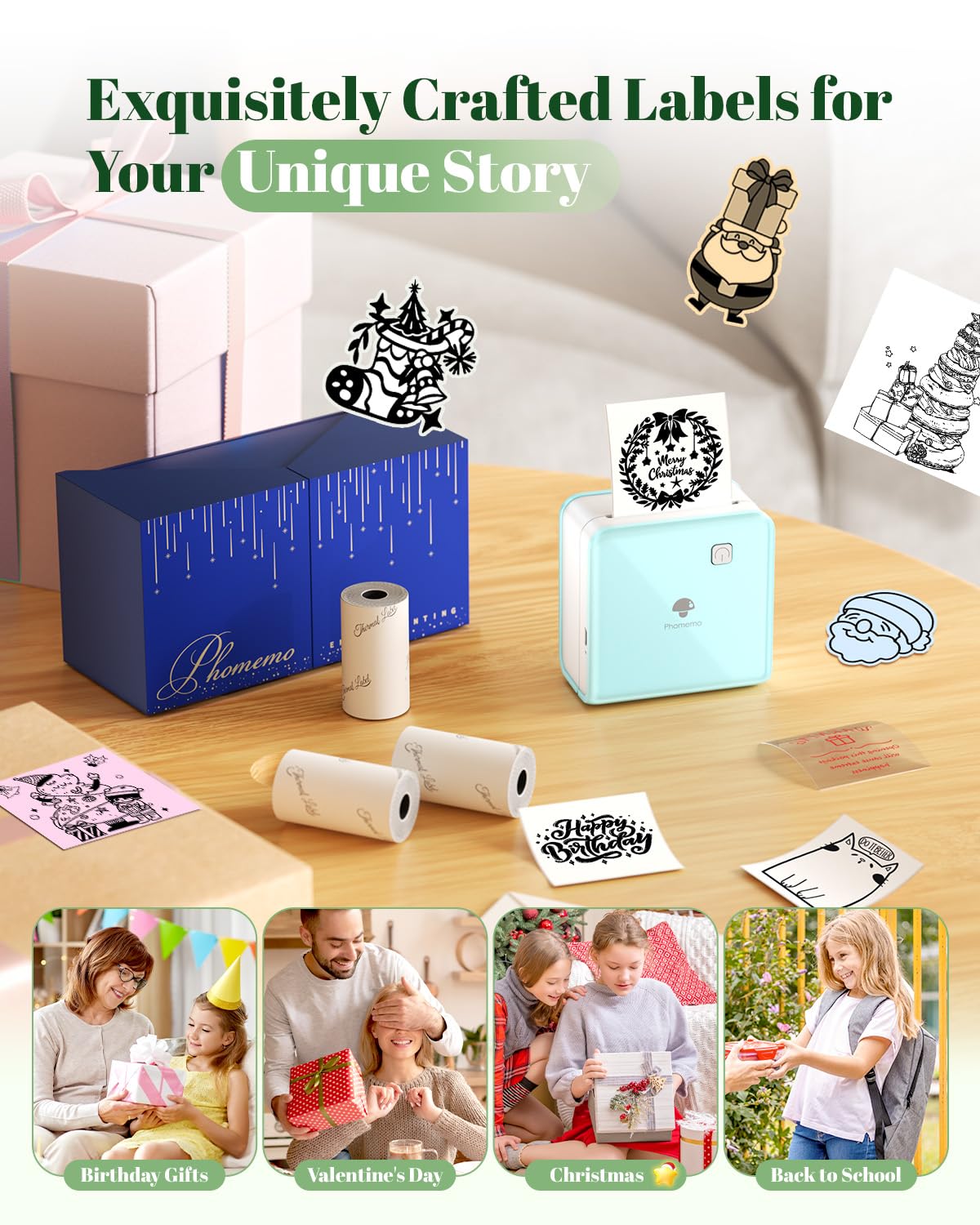 Phomemo Mini Stampante per Smartphone, P2S Bluetooth Adesivo Stampante per l'apprendimento, Mini Stampante Portatile per Foto in Viaggio, stampante Termica Tascabile da Regalare