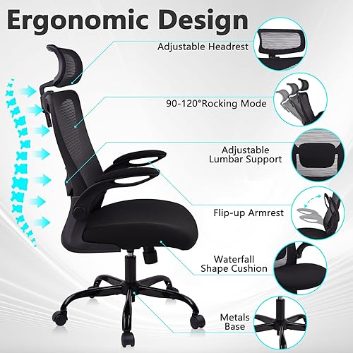 Miniatura 7 de CLATINA Silla de oficina ergonómica de malla con respaldo alto ajustable, apoyabrazos abatibles, silla giratoria ejecutiva giratoria cómoda para